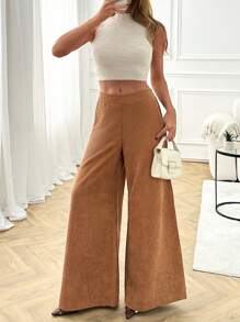 EURMUSE Women's Solid Color Casual Loose Corduroy Wide Leg Pants With Pockets - Camel - View 5