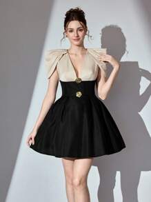 Poshira 女士优雅 V 领派对礼服，简约风格，婚礼宾客礼服，适合休闲日常穿着音乐节春夏，舞会礼服 - 彩色 - 查看 1