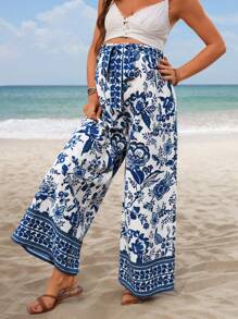 SHEIN Maternity Boho Floral Print Belted Wide Leg Pants - Blue and White - View 3