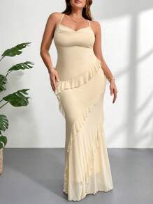 Firerie Vestido casual de verano romántico para ocasiones especiales en talla grande con cuello drapeado, volantes, malla transparente y falda de tubo larga. Elegante vestido de color albaricoque para ir a tomar el té, festivales de música y vuelta al cole con volante en el bajo. - Albaricoque - Ver 3