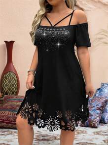 SHEIN LUNE 大码休闲经典黑色水钻饰边和下摆优雅直筒连衣裙，适合夏季 - 黑色 - 查看 6