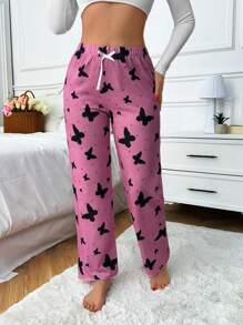 RueChic Women Viscose High Quality All Over Contrast Colour Butterfly With Ribbon Detail Homewear Lounge Bottom - Pink - View 3