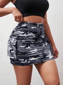 BamGleam Camo Print Flap Pocket Cargo Skirt