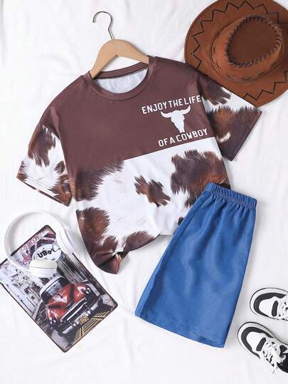 SHEIN 2025 Spring & Summer New Casual Comfortable Cow Print Patchwork Top And Blue Shorts 2pcs Set For Tween Boys, Suitable For Daily Wear, Outdoor Play, And Family Vacation Occasions