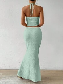 Rafferiza 2pcs/Set Twist Knot Open Back Halter Top & Mermaid Hem Skirt - Mint Green - View 2