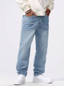 Manfinity Hypemode 男式破洞口袋直筒宽松休闲牛仔裤 - 淺色水洗藍 - 查看 4