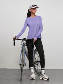 SHEIN Sports Women's Solid Color Crew Neck Long Sleeve Daily Fitness Outdoor T-Shirt - Purple - View 4