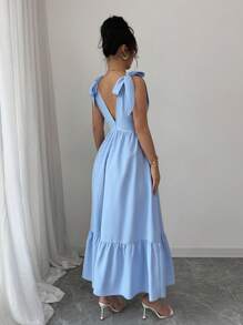 Vestido de cuello en V sin mangas con cintura ajustable con cordón, color azul, adecuado para primavera/verano - Blanco marfil - Ver 2