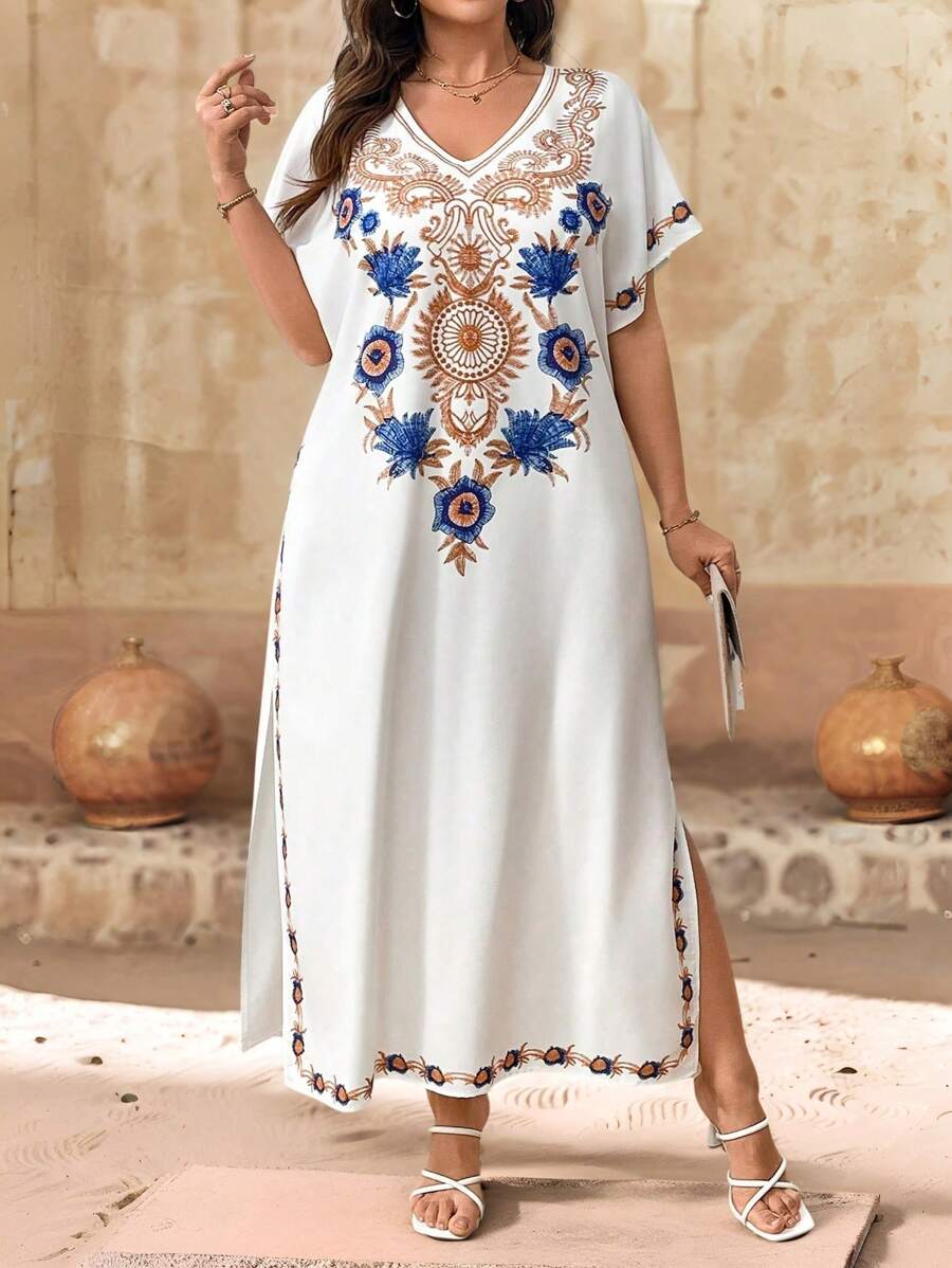 EMERY ROSE Plus Size Elegant Floral Print Side Slit Dress, Summer  رمضان Vestidos جلابيات جلابيات رمضان Vestidos Casuales Para Mujer فساتين العيد  رمضان Vestidos جلابيات جلابيات رمضان Vestidos Casuales Para Mujer فساتين العيد - White - View 1