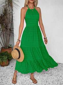 Breezaya Vestido largo casual de mujer para vacaciones y playa con detalle drapeado y lazo en la espalda