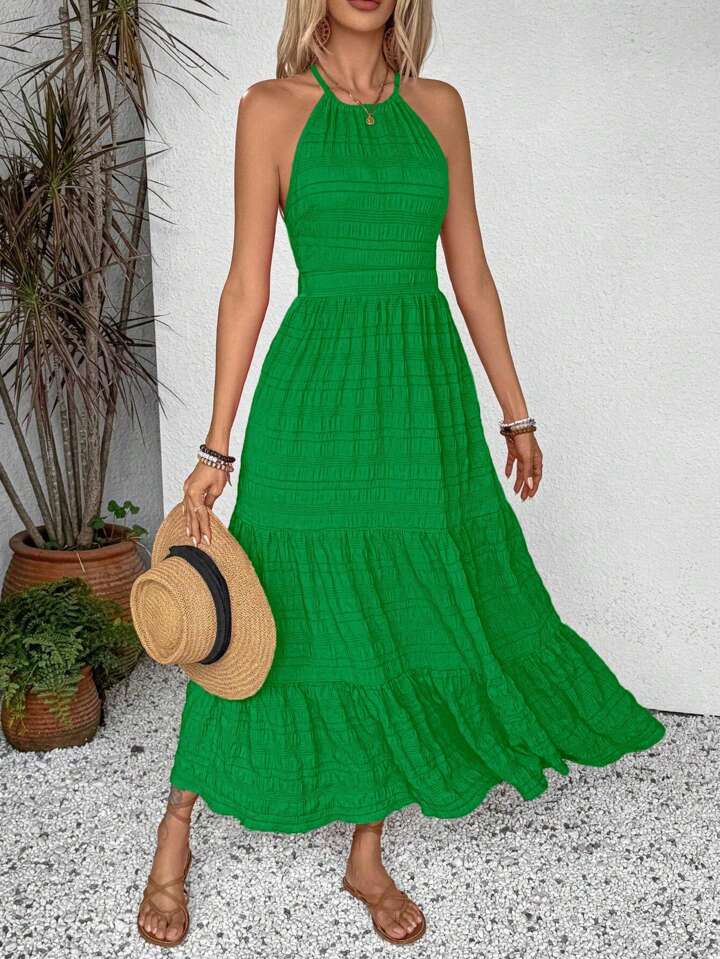 Breezaya Women's Casual Tie-Back Ruched Hem Long Dress Maxi Vacation Beach Outfit