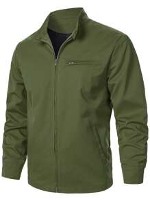 Manfinity Homme Men's Solid Color Front Zipper Long Sleeve Pocket Casual Jacket