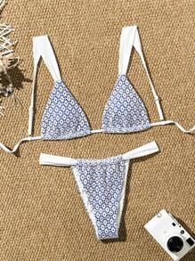 2pcs/Set Set Bikini Liburan Pantai Musim Panas Wanita dengan Warna Kontras & Detail Sambungan Renda - Blue and White - View 1