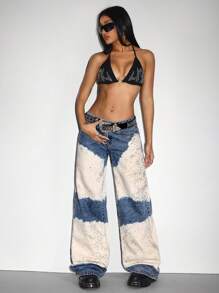 SHEIN ICON 女式撞色口袋阔腿休闲牛仔裤 - 藍色 - 查看 7