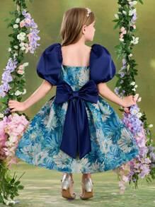 SHEIN Tween Girl Navy Blue Floral Summer Elegant Flowergirl Round Neck Puff Sleeve Jacquard A-Line Cake Dress,Back Big Bow Princess Party Formal Attire - Multicolor - View 1