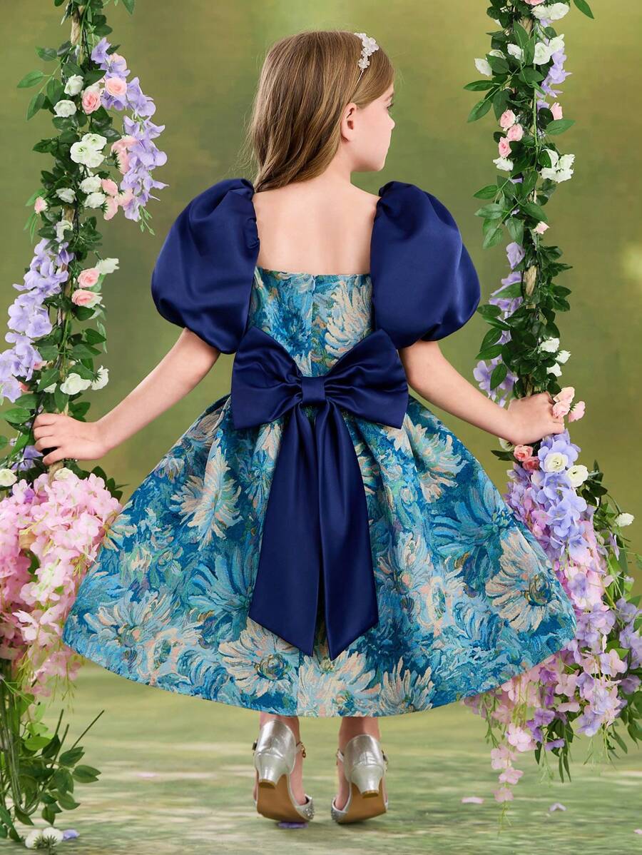 SHEIN Tween Girl Navy Blue Floral Summer Elegant Flowergirl Round Neck Puff Sleeve Jacquard A-Line Cake Dress,Back Big Bow Princess Party Formal Attire - Multicolor - View 1