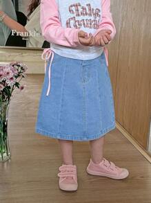 Denimly 年轻女孩休闲都市学院风浅色洗水牛仔半身裙，松紧腰身，前部带纽扣