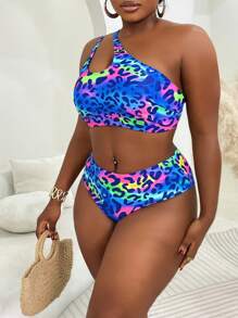 Slaydiva Traje de baño de talla grande para mujer con estampado de leopardo y cordón en un solo hombro, ropa de resort informal