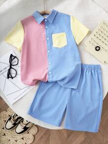 SHEIN Explorewe Bộ 2 món thời trang thường ngày cho bé trai tuổi teen: Áo polo cổ bẻ phối màu tương phản và quần short, phong cách Hàn Quốc. - Nhiều màu - Xem 3