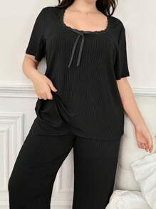Plus Size 2pcs/Set Short Sleeve Top And Long Pants Pajama Set With Lace Trim At Collar, Outfits - Black - View 4