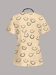 PopScrub Casual Smiling Face Pattern Short Sleeve Women's /Nurse Scrub Uniform Top, Suitable For Summer
