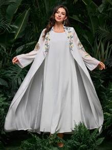 Al Najma Women's Elegant Embroidered & Beaded Long Bell Sleeve Coat With Camisole Dress Arabic Clothing Set, Spring/Summer - White - View 4