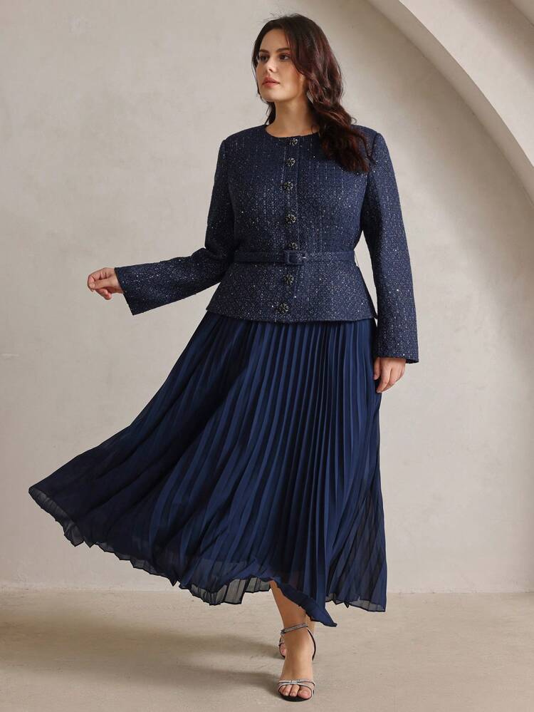 Plus Size Women Elegant Date Night/Party Long Sleeve Patchwork Pleated Faux 2 Pieces Dress