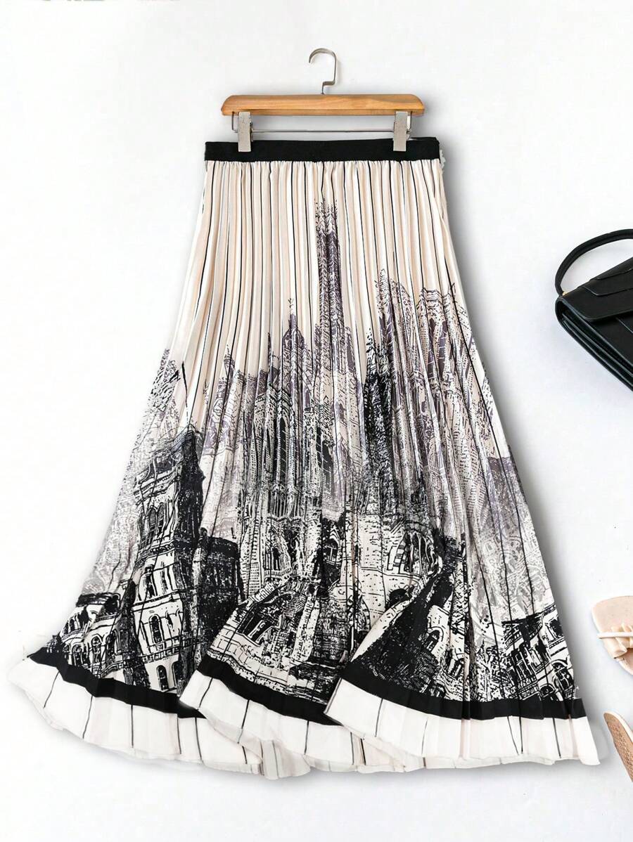 SHEIN LUNE Plus Size Fashionable Slimming Concealing Elegant Versatile High-End Chic Skyscraper & Watercolor Print Pleated Skirt - Multicolor - View 1