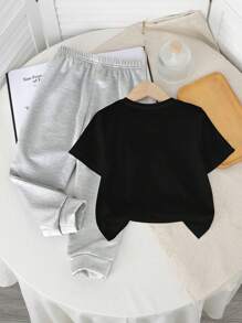 SHEIN 2件套男童休闲简约圆领短袖上衣和裤子套装