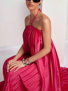 COSMINA Robe simple décontractée pour femme, couleur unie, dos nu, avec attache à la nuque - Rose vif - Voir 4