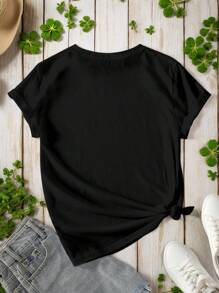 Maria Clara Maia Artist St. Patrick's Day Graphic Glitter Clover Design Women Green Tops, Lucky T-Shirt, Suitable For Summer, Holiday, Festival, Western Wear - Black - View 3