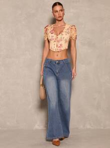 Glamine 女士优雅花卉印花蕾丝拼布短款 T 恤 - 黃色 - 查看 3