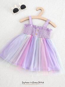 Cozy Pixies Baby Girl Mesh Patchwork Spaghetti Strap Waisted Casual Dress - Multicolor - View 3