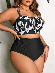 Swim Lushoire Plus Size Women's 2pcs Tie Dye Spaghetti Strap Tankini Swimwear Set For Summer Beach Vacation - Black and White - View 4