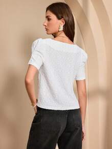 Chiquease Women's Elegant Rhinestone Collar Jacquard T-Shirt, Minimalist Fashion Casual Everyday Wear - White - View 2