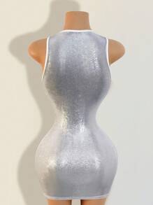 BamGleam Women's 2025 Spring/Summer New Silver Sexy Sleeveless Hollow Out Bodycon Mini Dress, Suitable For Nightclub, Party, Outing - Silver - View 2