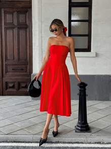 Pariaura Damen einfaches geraffte rotes Bandeau-Kleid, legale Alltagskleidung für den Sommer - Rot - Übersicht 1