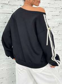 Comfortcana Women Oversized Knot Side Drop Shoulder Casual Sweatshirt