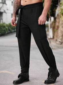 Manfinity Homme Pantalones casuales de hombre de talla grande de un solo color con cordones y bolsillos, para usar a diario - Negro - Ver 5