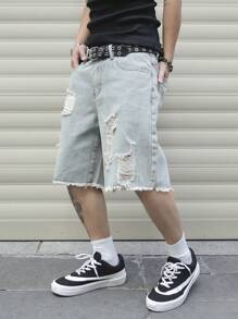 Manfinity EMRG 男士口袋破洞磨边休闲牛仔短裤街头休闲学院风热带风情 - 淺色水洗藍 - 查看 5