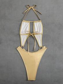 Swim SXY 女士金属镂空露背连体泳衣，带银色圆圈装饰，性感波西米亚风海滩节服装，适合夏季海滩度假 - 金色 - 查看 7