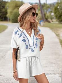 SHEIN LUNE Women's Paisley Embroidered Drop Shoulder Bohemian Textured V-Neck Shirt With Drawstring Waist Shorts 2 Pieces Set