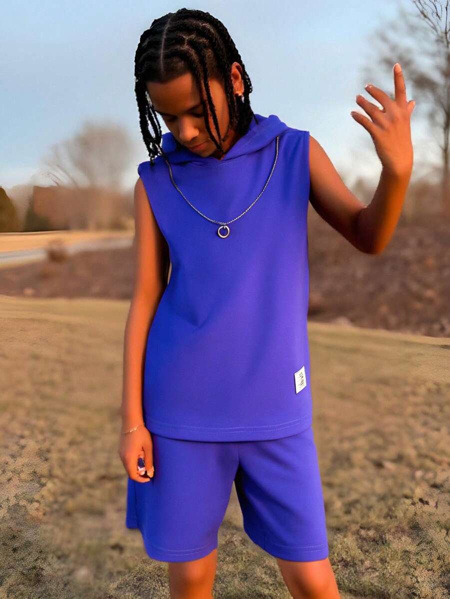 SHEIN Tween Boy Letter Patched Detail Hooded Tank Top & Drawstring Waist Shorts, School, Campus, College - Blue - View 1