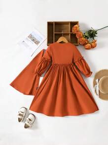 Ramadan Girls Modest Patch Ruffle Trim Long Sleeve Robe Robe With Headscarf, Suitable For Spring & Autumn - Orange - View 2