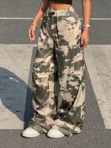 SHEIN EZwear 女士前扣口袋直腿休闲裤，日常穿着 - 軍綠色 - 查看 4