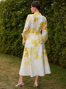 Anewsta Conjunto de dos piezas de mujer tejido, posicionamiento a la moda, estampado con empalme, pequeños detalles de encaje, elegante conjunto de dos piezas amarillo de primavera - Amarillo - Ver 2