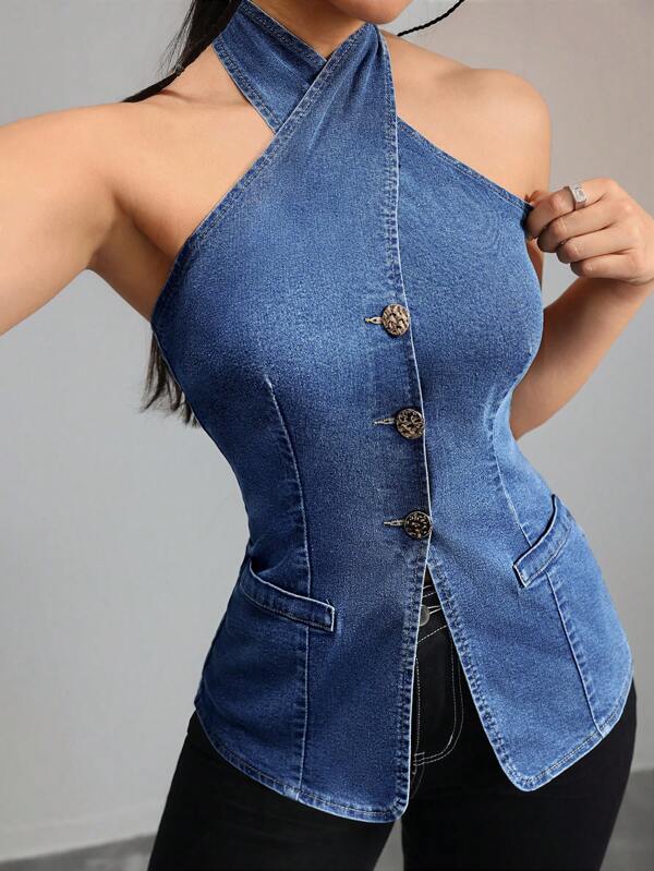 K-Vae Women Sexy Tight Denim Halter Neck Top, Blue