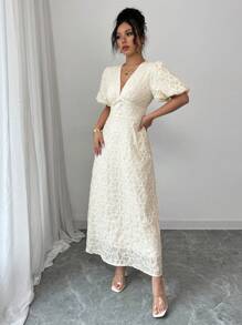 Elenzga 女士休闲优雅夏季法式长裙，V 领，纹理刺绣面料，腰部装饰，灯笼袖，A 字形轮廓和衬里 - 杏色 - 查看 4