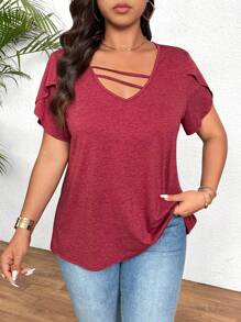 SHEIN LUNE 大码女式畅销休闲酒红色十字交叉短袖圆领百搭修身时尚 T 恤，春夏