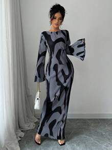 Chiquease 女士图案印花深 V 形后背扭纹交叉长袖褶皱侧开衩下摆连衣裙 - 灰色 - 查看 3
